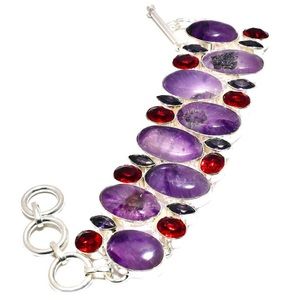 Amethyst and Red Garnet Bracelet 925 Sterling Silver Overlay